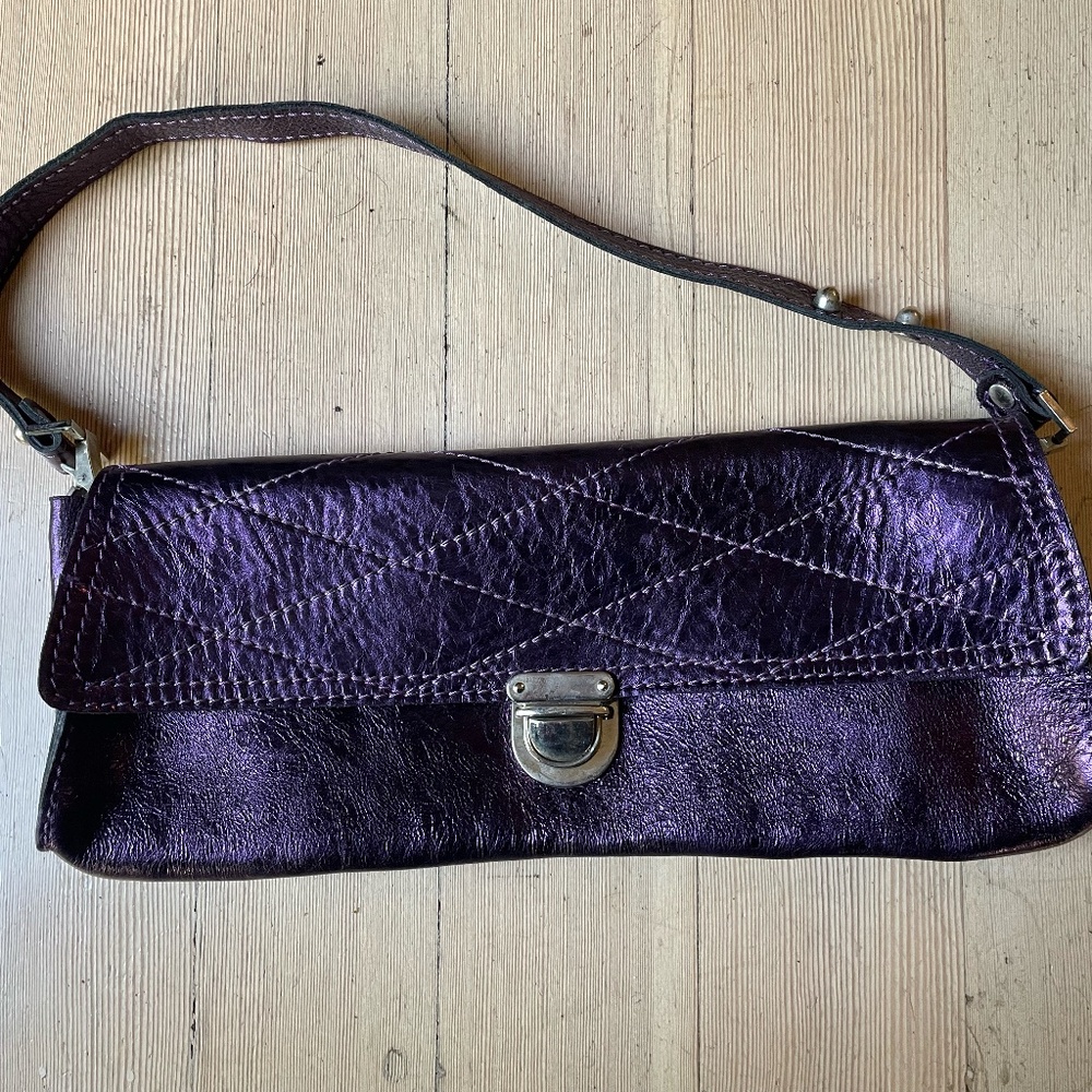 Vin Baker Quilted Purple Foil Leather Convertible Baguette Bag/Clutch